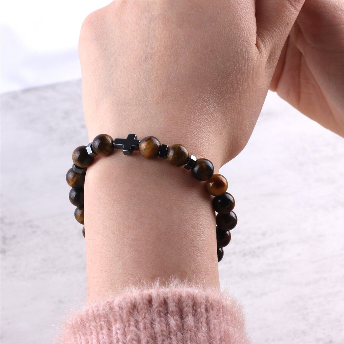 Tiger Eye Bracelet with Hematite Cross