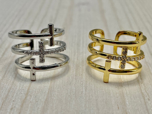 Trinity Triple Cross CZ Adjustable Ring